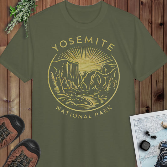 Yosemite National Park Valley Outline Art Performance T-Shirt in Military Green