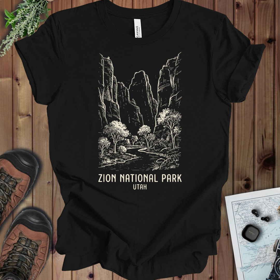 Zion National Park Canyon Outline Kids Graphic T-Shirt in Black