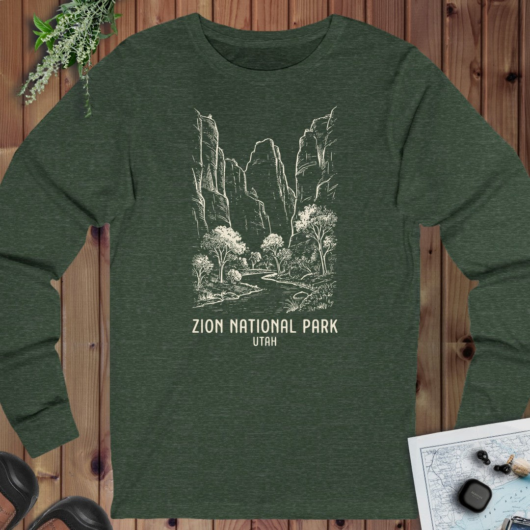Zion National Park Long Sleeve T-Shirt in Heather Forest