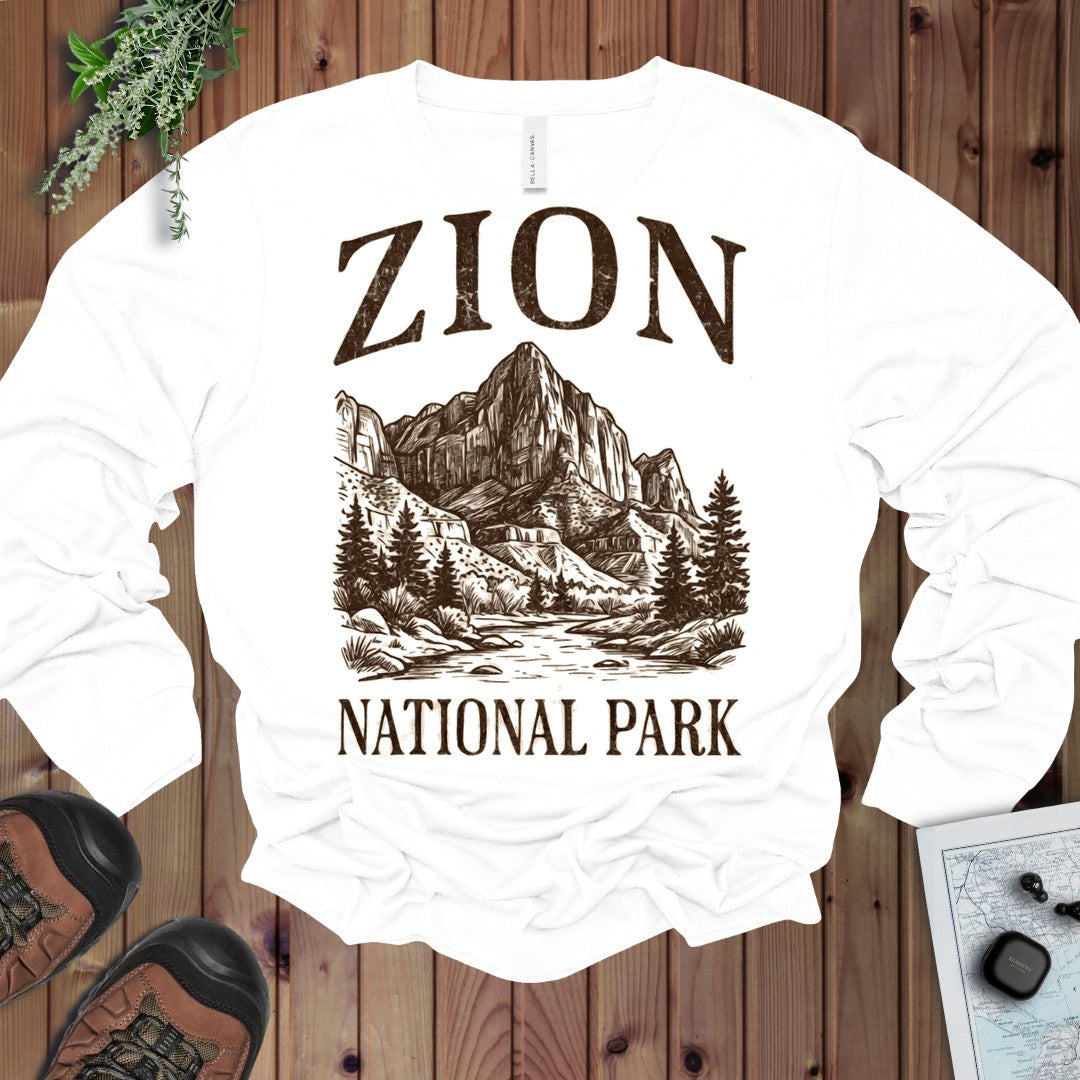 Zion National Park Rustic Long Sleeve T-Shirt in White