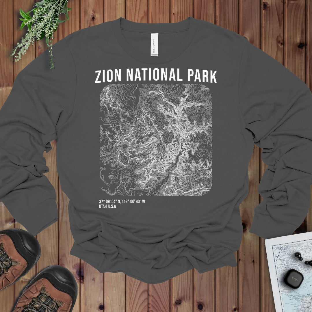 Zion National Park Topo Lines Long Sleeve T-Shirt in Asphalt