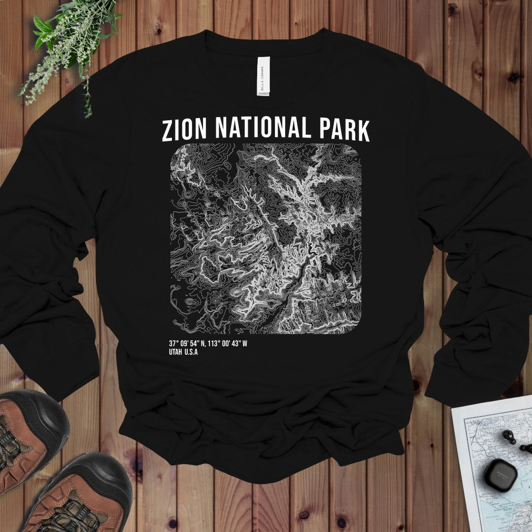 Zion National Park Topo Lines Long Sleeve T-Shirt in Black