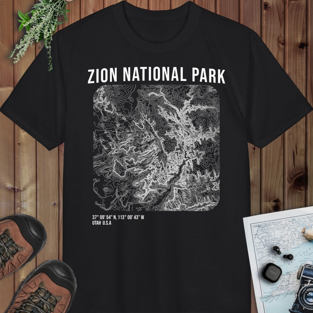 Zion National Park Topo Lines Performance T-Shirt in Black