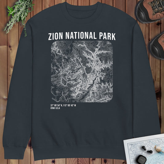 Zion National Park Topo Lines Crewneck Sweatshirt Graphic Crewneck Sweatshirt in Navy