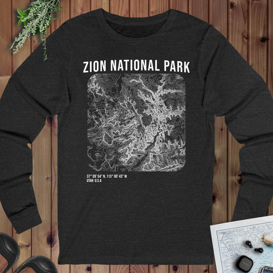 Zion National Park Topo Lines Long Sleeve T-Shirt in Dark Grey Heather