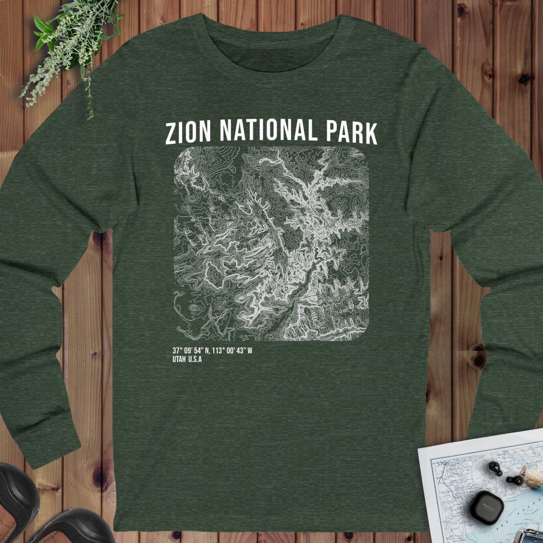 Zion National Park Topo Lines Long Sleeve T-Shirt in Heather Forest