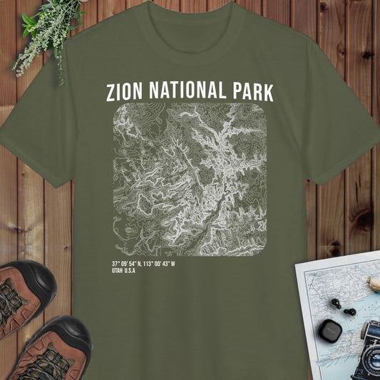 Zion National Park Topo Lines Performance T-Shirt in Military Green