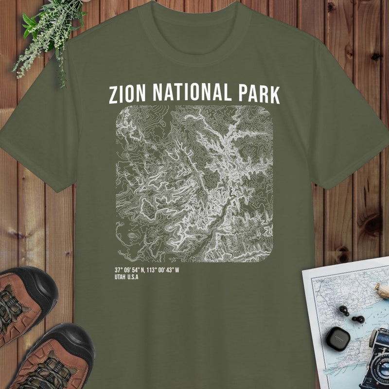Zion National Park Topo Lines Performance T-Shirt in Military Green