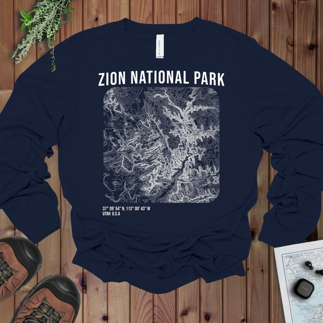 Zion National Park Topo Lines Long Sleeve T-Shirt in Navy