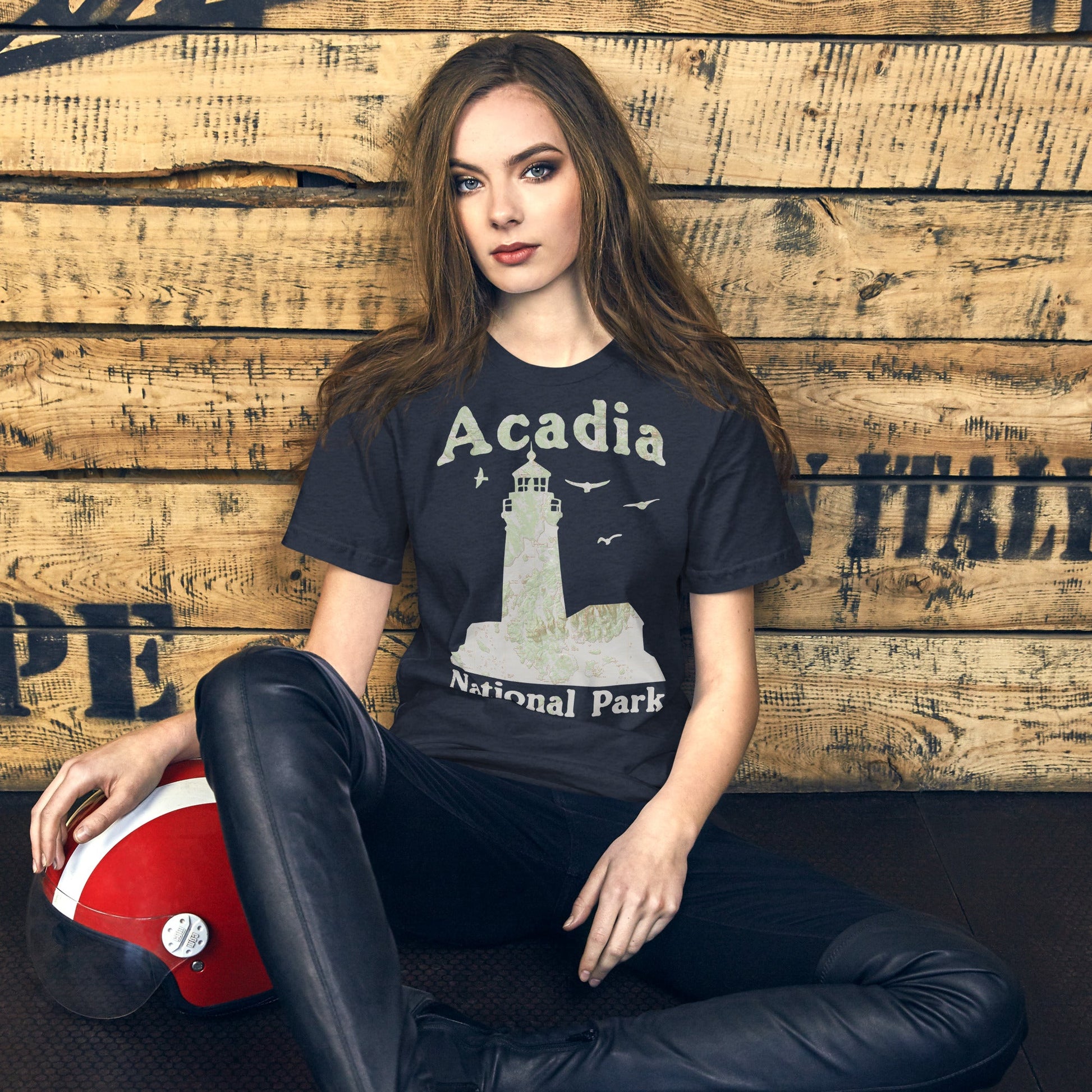 Acadia Lighthouse national park topo t-shirt shown in lifestyle or modeled setting