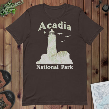 Acadia Lighthouse national park topo t-shirt shown in lifestyle or modeled setting
