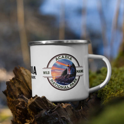 Acadia National Park durable enamel camp mug shown from alternate product angle