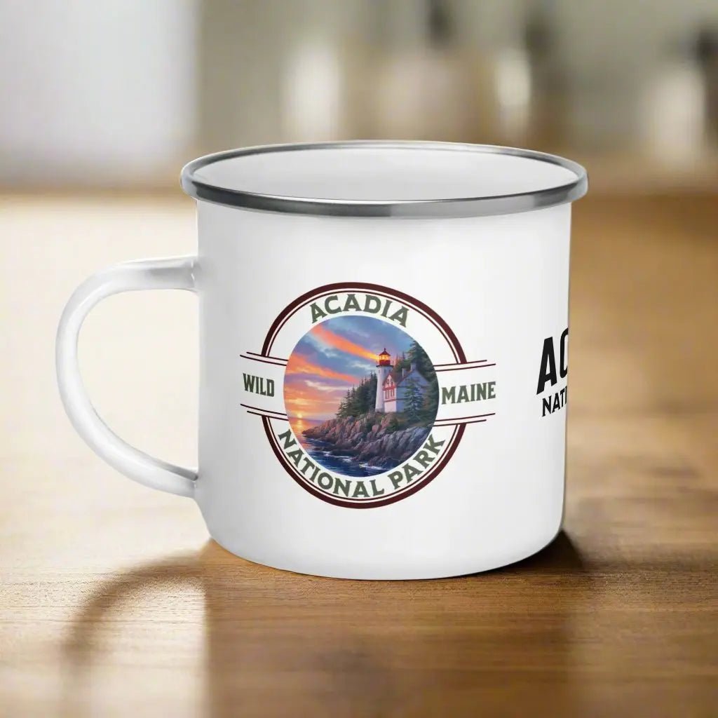 Acadia National Park durable enamel camp mug shown from alternate product angle