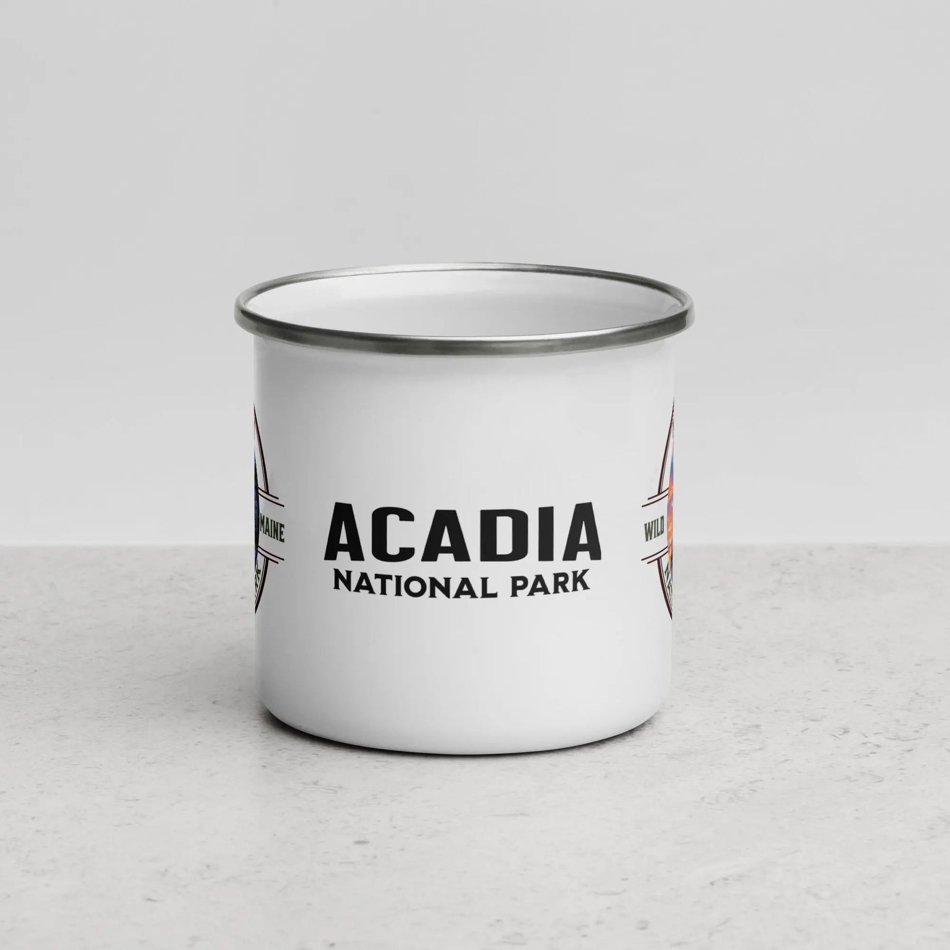 Acadia National Park durable enamel camp mug shown from alternate product angle