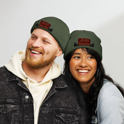 Acadia National Park embroidered beanie shown from alternate product angle