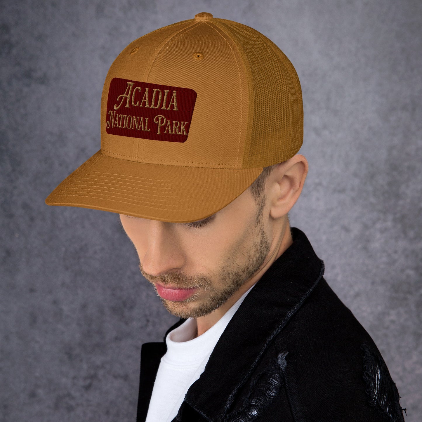 Acadia National Park embroidered trucker hat shown from alternate product angle