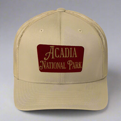 Acadia National Park embroidered trucker hat shown in lifestyle or modeled setting