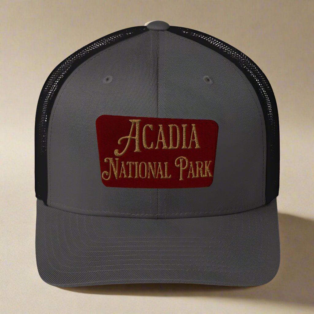Acadia National Park embroidered trucker hat shown from alternate product angle