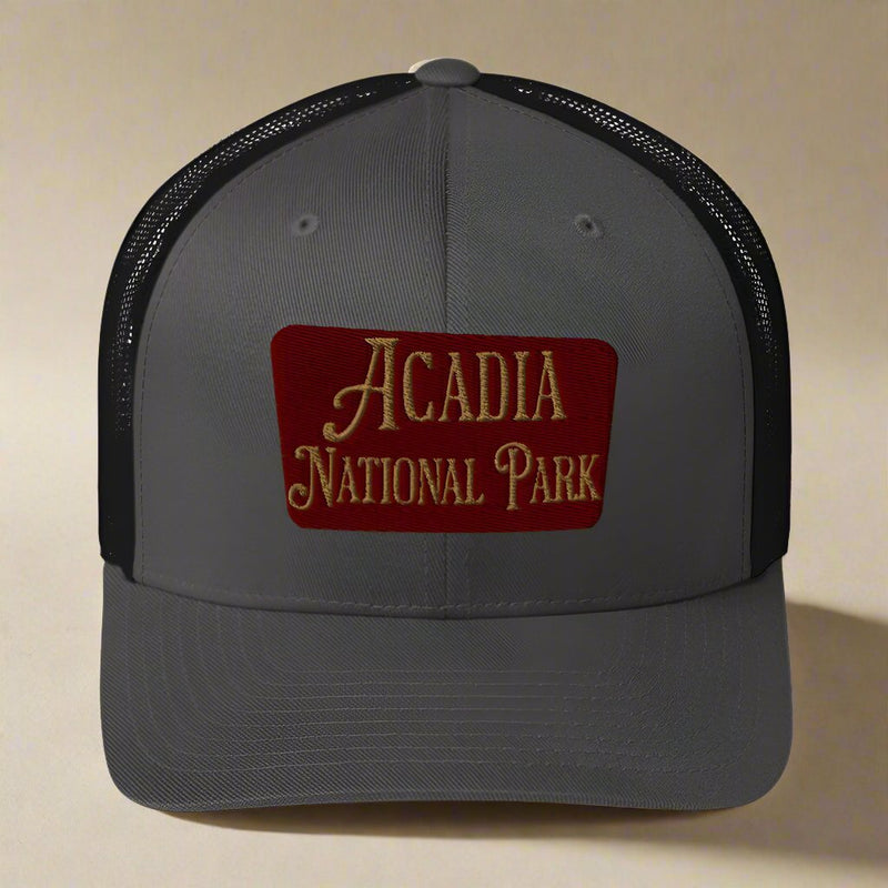 Acadia National Park embroidered trucker hat shown from alternate product angle