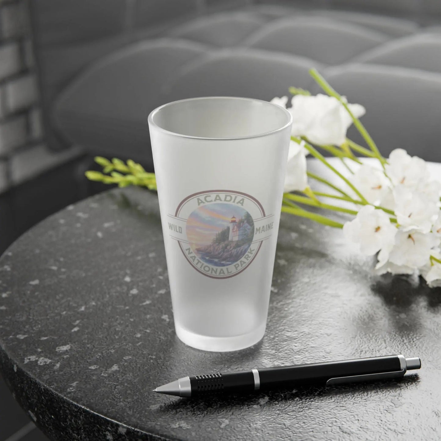 Acadia National Park Frosted Pint Coastal Lighthouse Stamp - Parks ApparelDrinkware