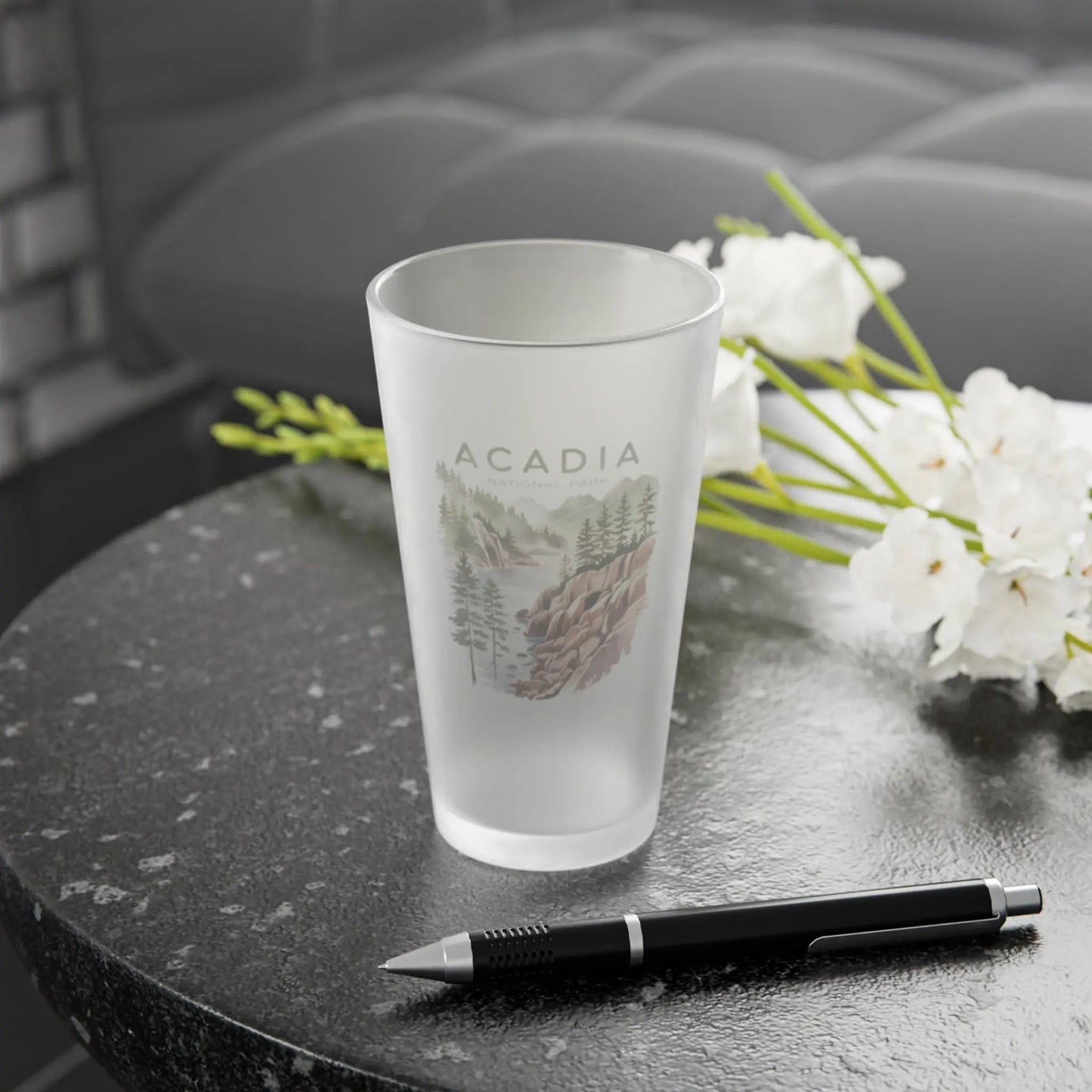 Acadia National Park frosted pint glass shown from alternate product angle