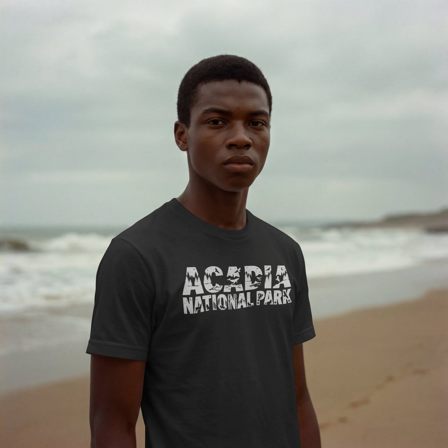Acadia National Park graphic typography t-shirt shown in lifestyle or modeled setting