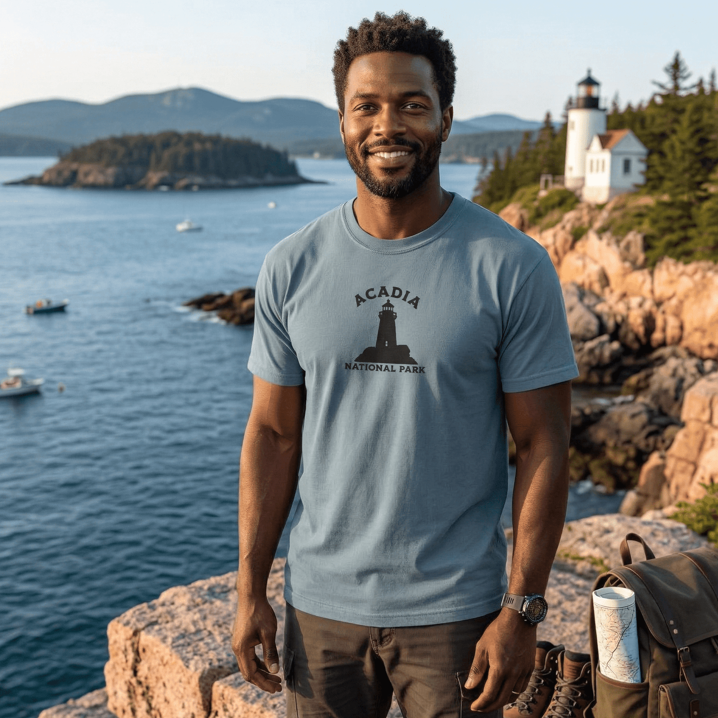 Acadia National Park premium embroidered t-shirt shown in lifestyle or modeled setting