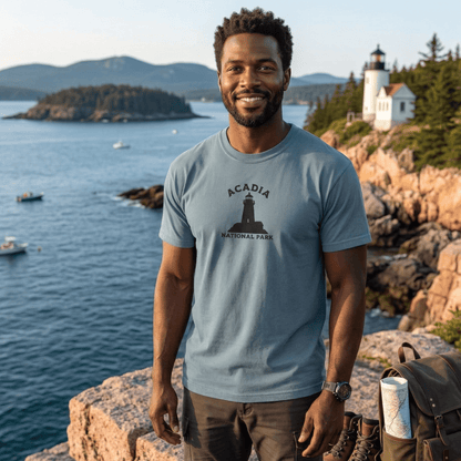 Acadia National Park premium embroidered t-shirt shown in lifestyle or modeled setting