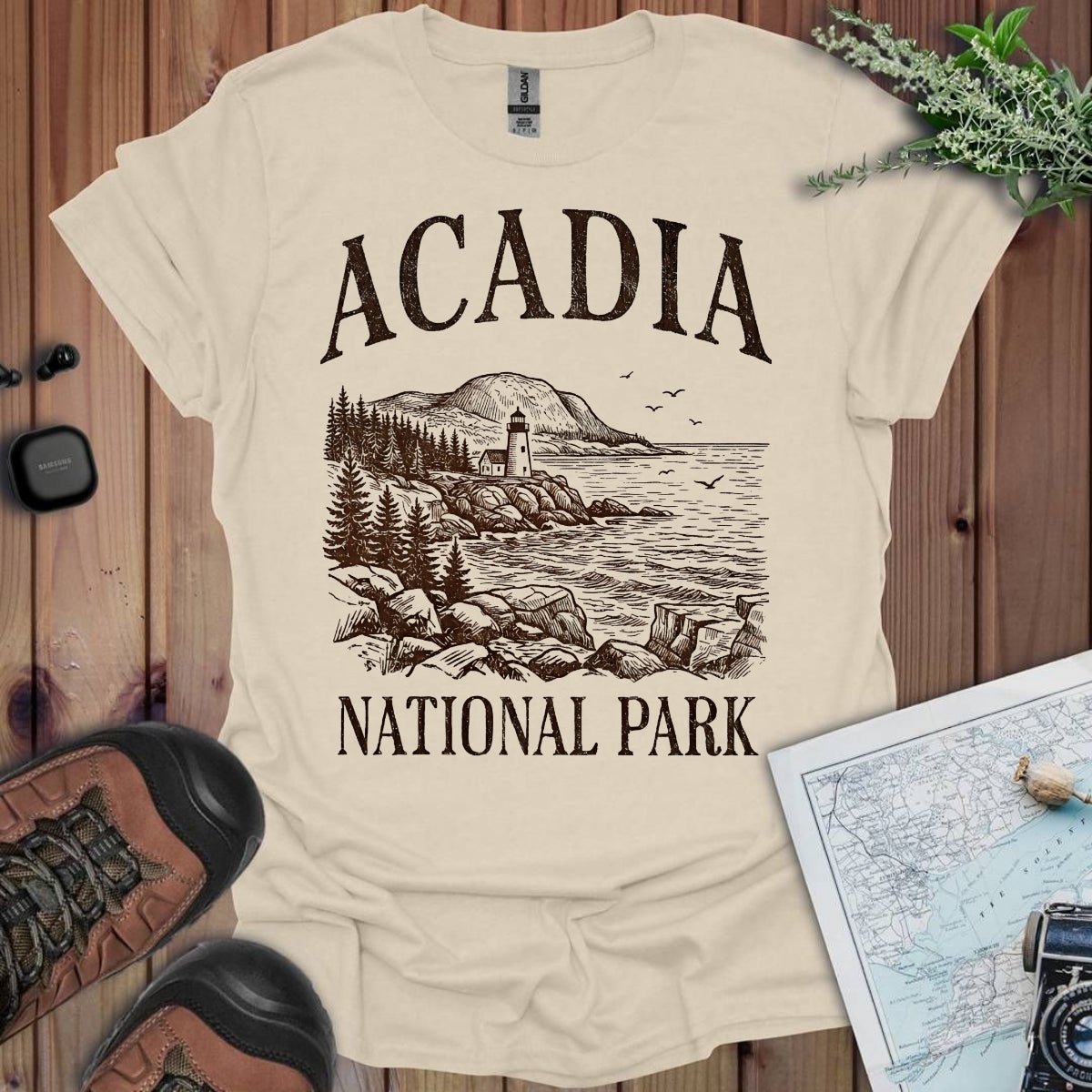 Acadia National Park rustic graphic t-shirt shown in lifestyle or modeled setting