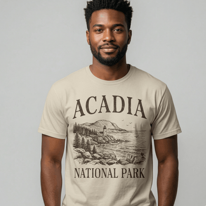 Acadia National Park rustic graphic t-shirt shown in lifestyle or modeled setting