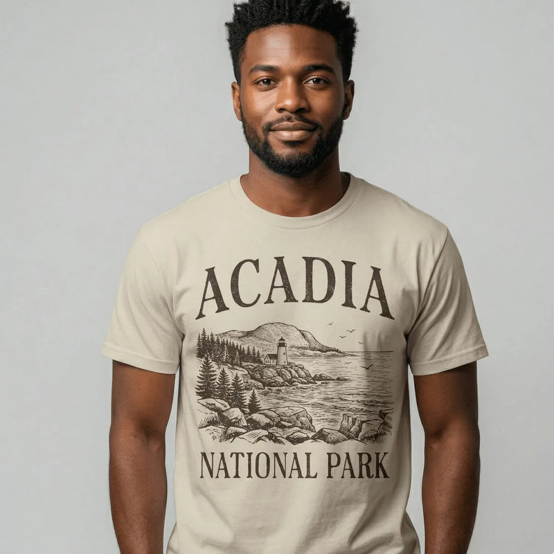 Acadia National Park rustic graphic t-shirt shown in lifestyle or modeled setting