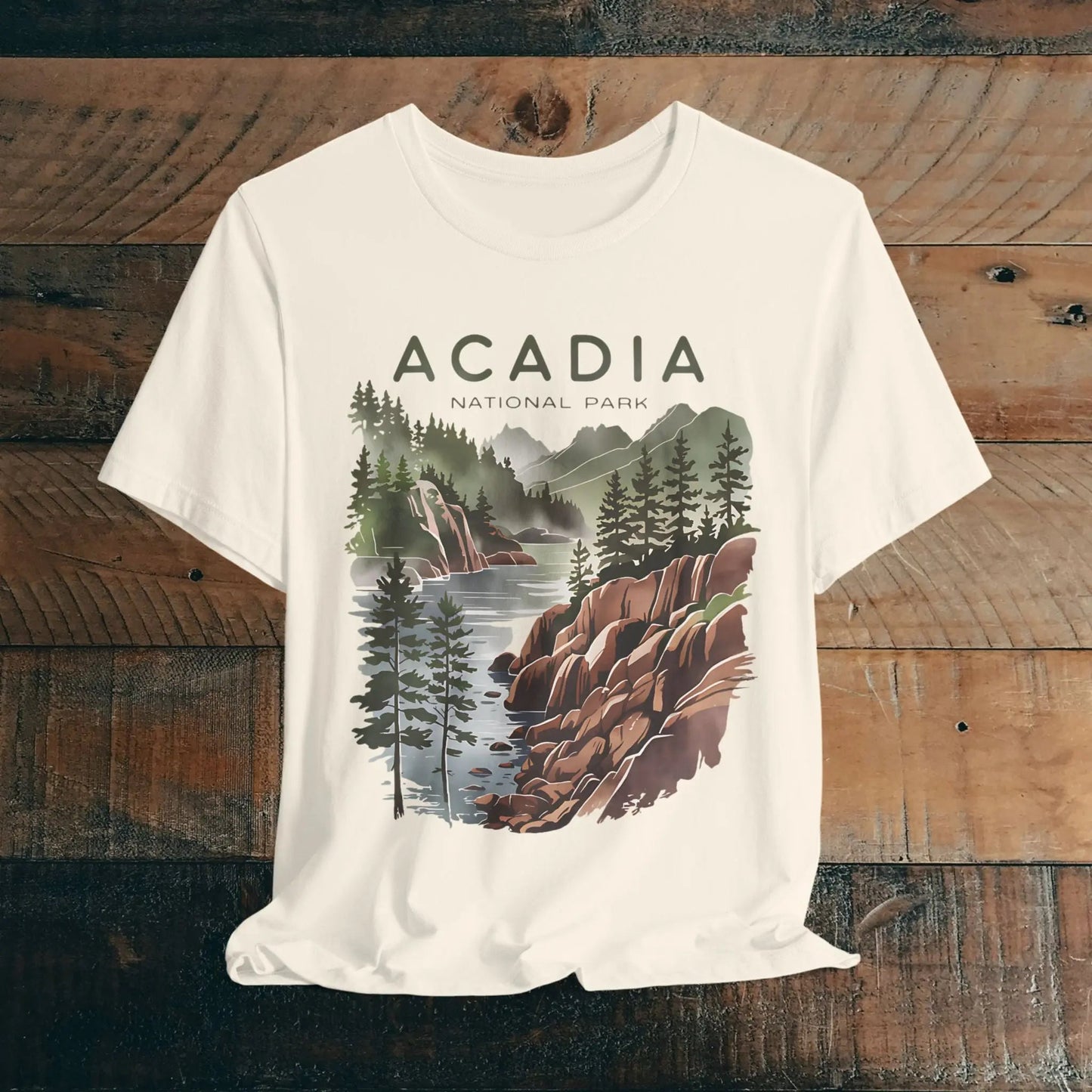Acadia National Park coastal art graphic t-shirt shown in lifestyle or modeled setting
