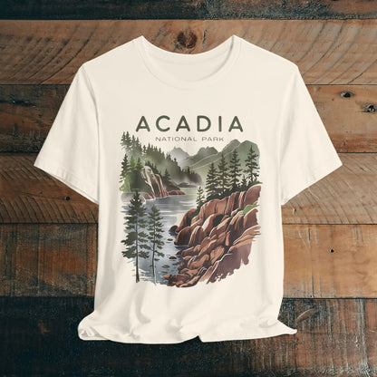 Acadia National Park coastal art graphic t-shirt shown in lifestyle or modeled setting