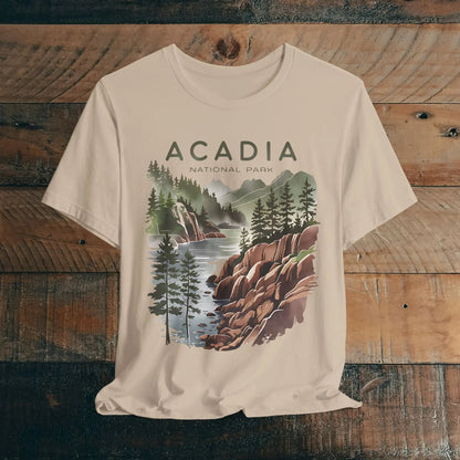 Acadia National Park coastal art graphic t-shirt shown in alternate apparel color