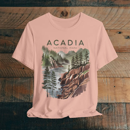 Acadia National Park coastal art graphic t-shirt shown in alternate apparel color