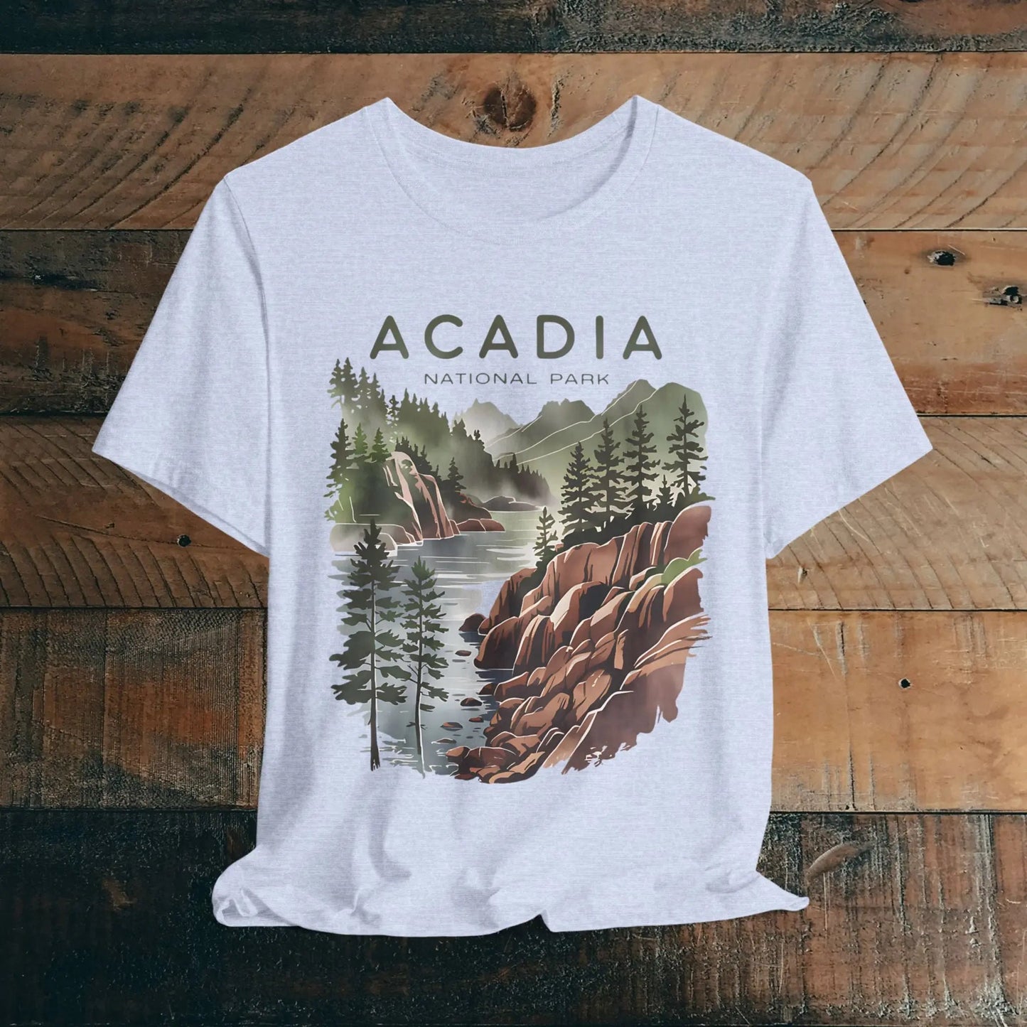 Acadia National Park coastal art graphic t-shirt shown in alternate apparel color