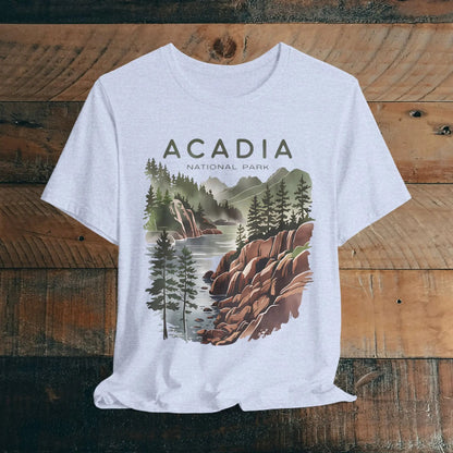 Acadia National Park coastal art graphic t-shirt shown in alternate apparel color