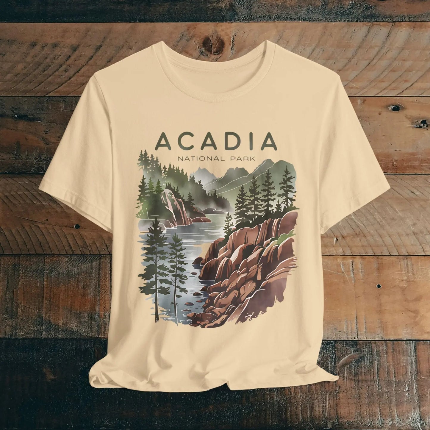 Acadia National Park coastal art graphic t-shirt shown in lifestyle or modeled setting