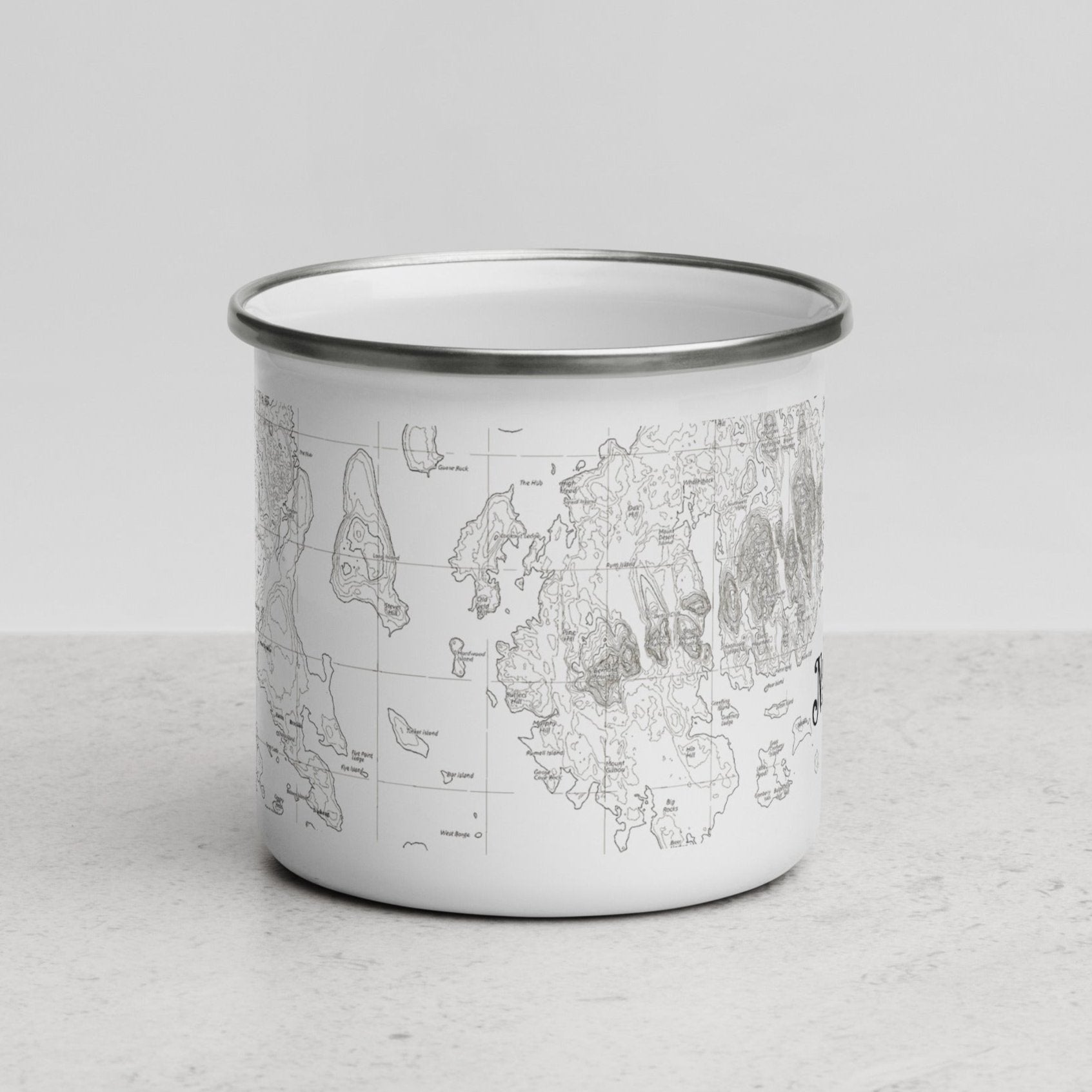 Acadia National Park topographic camp mug shown from alternate product angle