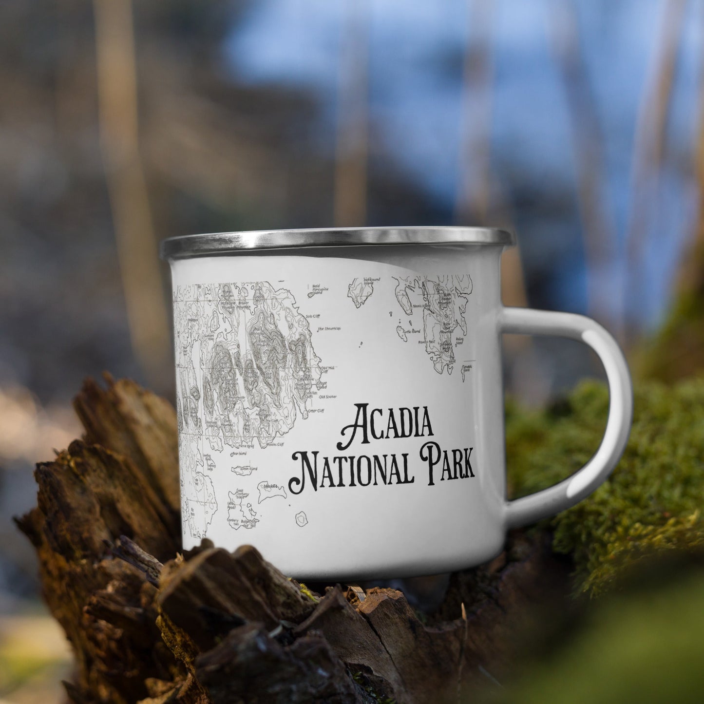 Acadia National Park topographic camp mug shown from alternate product angle