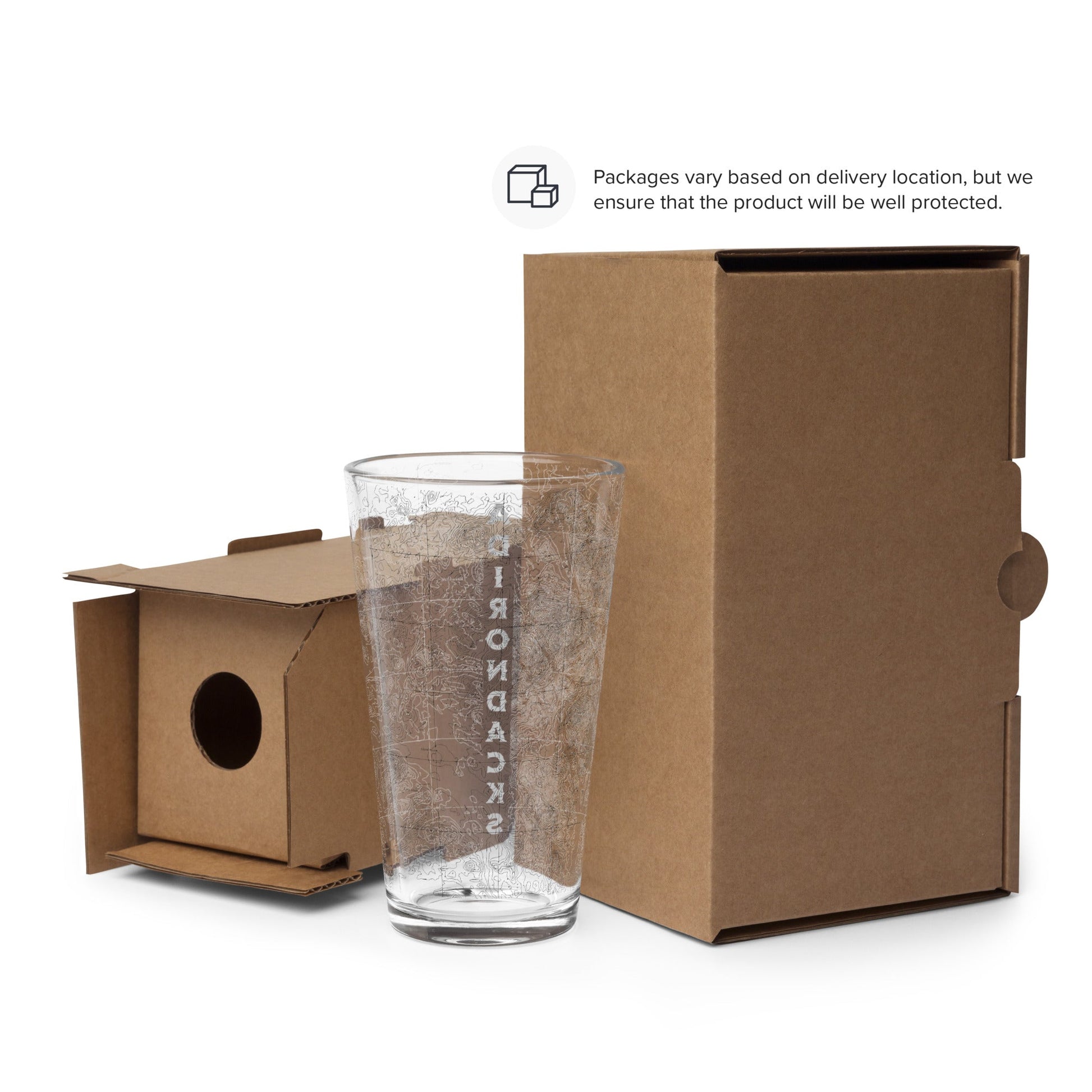 Adirondacks topographic pint glass with topo map print showing design detail or product variation