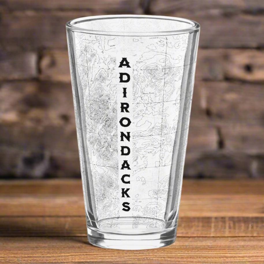 Adirondacks topographic pint glass with topo map print shown as primary product image