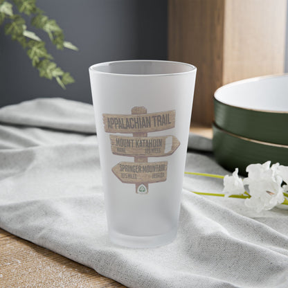 Appalachian Trail wood mileage sign 16 oz frosted pint glass shown from alternate product angle