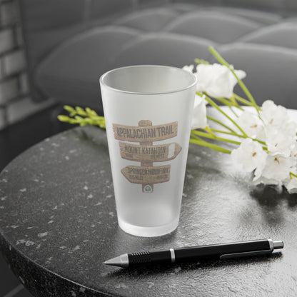 Appalachian Trail wood mileage sign 16 oz frosted pint glass shown from alternate product angle
