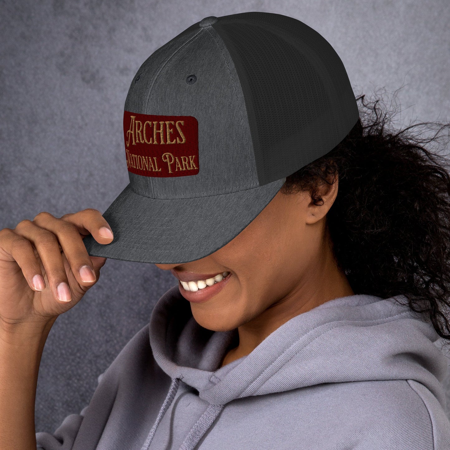 Arches embroidered National Park trucker hat shown from alternate product angle