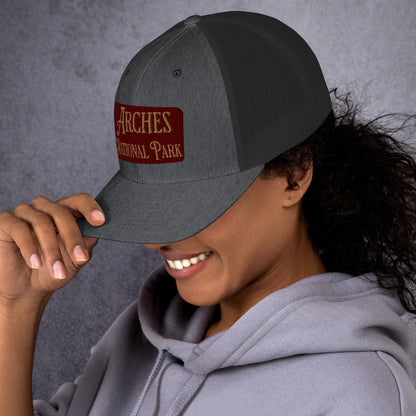 Arches embroidered National Park trucker hat shown from alternate product angle