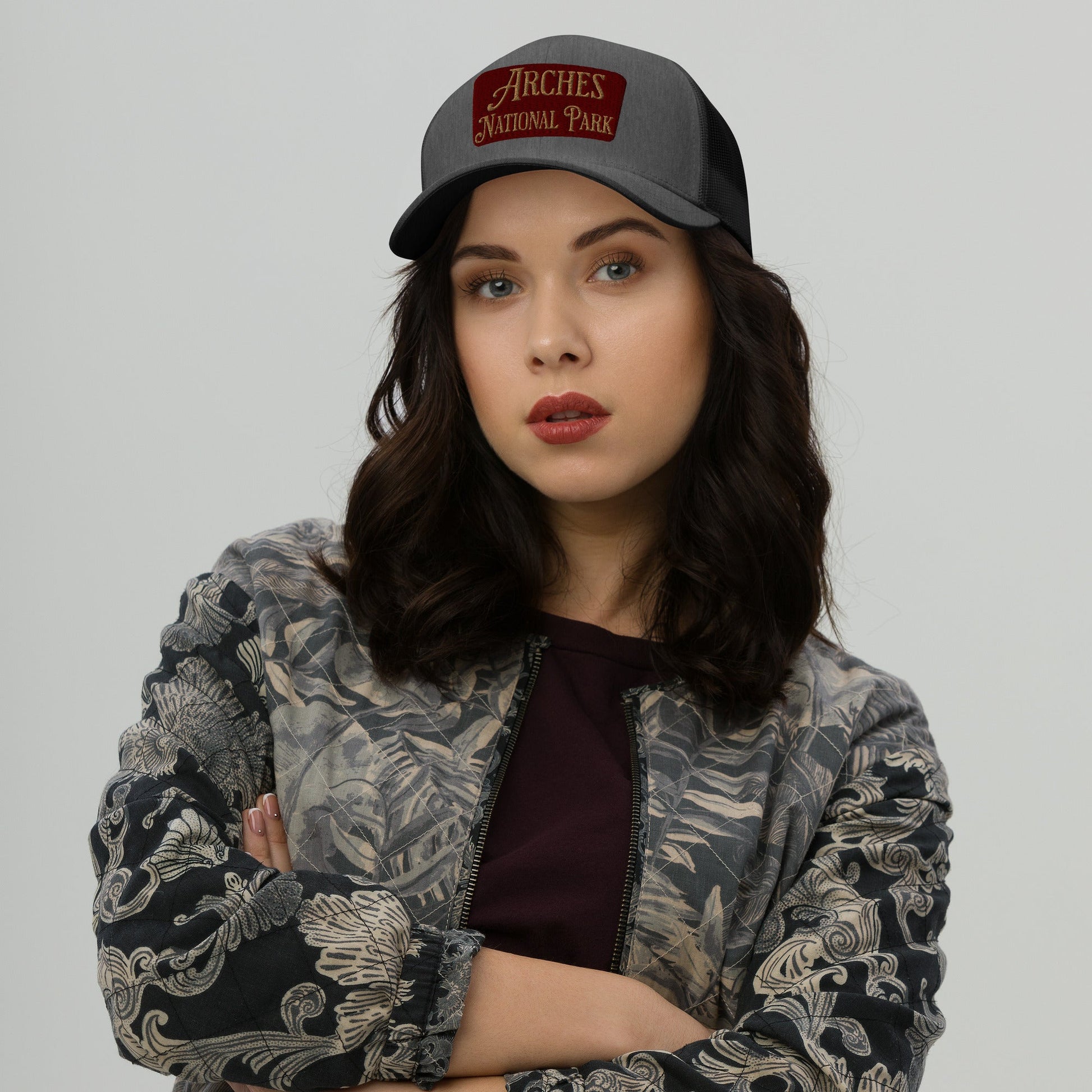 Arches embroidered National Park trucker hat shown from alternate product angle