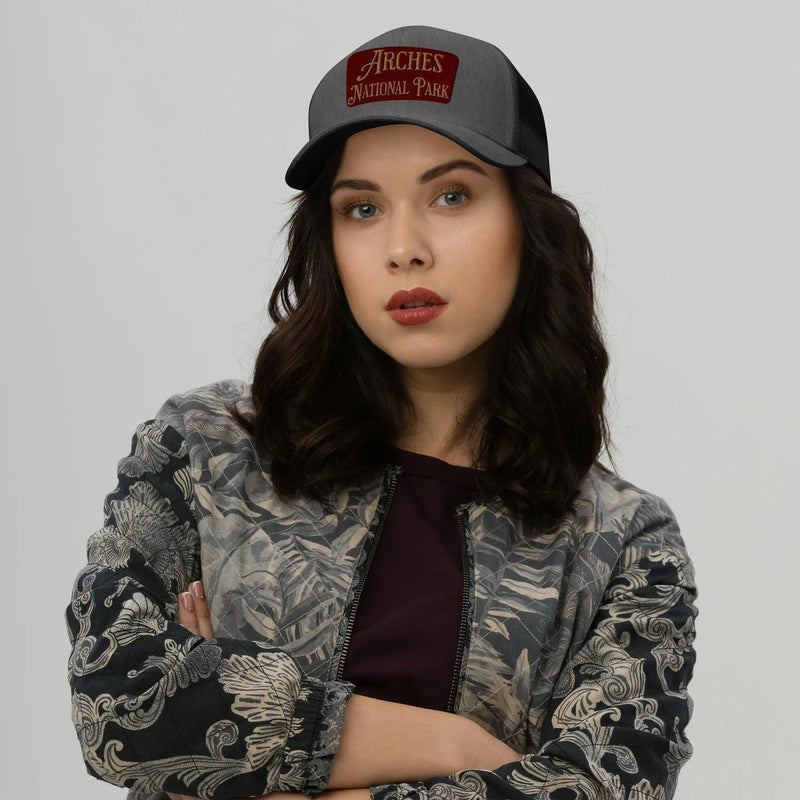 Arches embroidered National Park trucker hat shown from alternate product angle