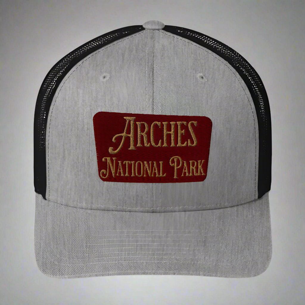 Arches embroidered National Park trucker hat shown in lifestyle or modeled setting