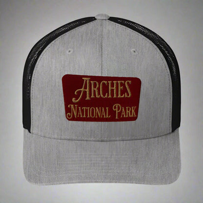 Arches embroidered National Park trucker hat shown in lifestyle or modeled setting